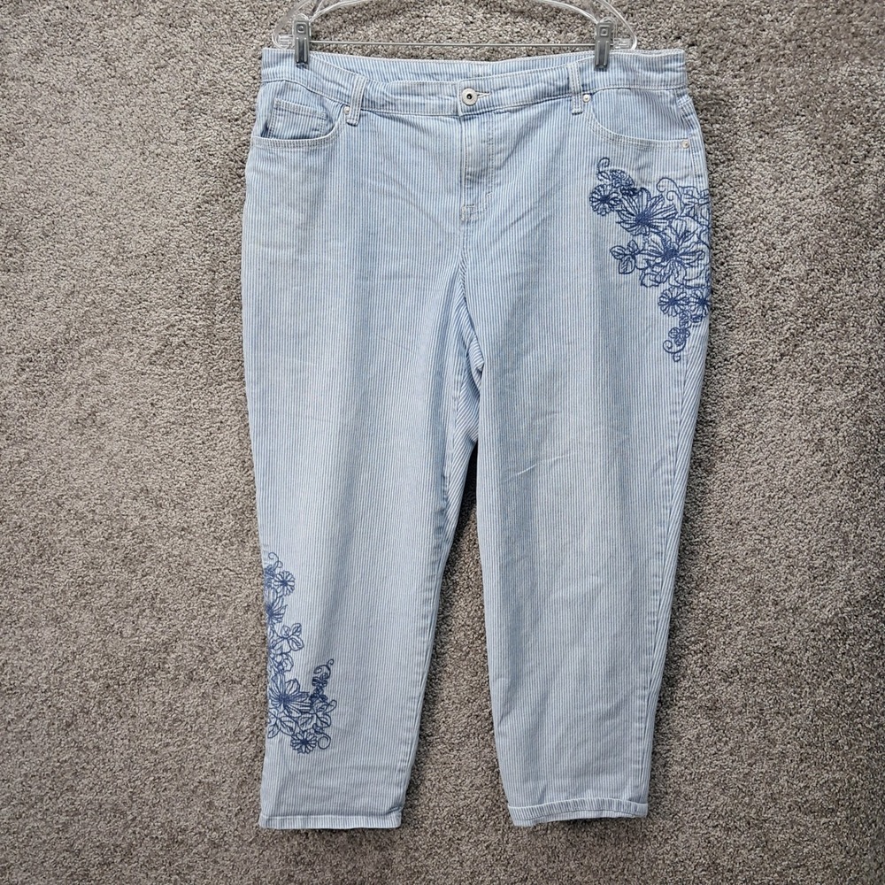 Style‎ & Co Womens 18 Blue White Seersucker Stripe Floral Embroidered Pants 7023